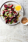 Roasted beetroot with feta cheese and hazelnut dukkah