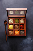 Superfoods and cereals selection in wooden box