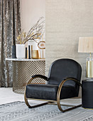 Black armchair in living room in elegant Bohemian style
