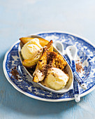 Vanilla ice cream with caramelized pears and malva pudding