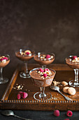 Chocolate mousse with amaretti biscuits and fresh raspberries