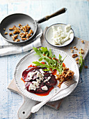 Beetroot with feta cheese, walnuts and dandelions