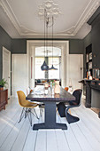 Long dining table and classic chairs in dining room with dark walls and white wooden floor