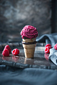 Vegan raspberry and yoghurt sorbet in cones