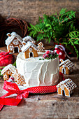 Christmas cake with gingerbread houses