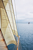 A view from the main mast of the sailing ship 'Kvartsita' from Sweden looking towards the bow, Hanse Sail, Rostock, Germany