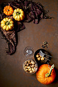 Herbstliches Stillleben mit Kürbissen und Nüsse auf braunem Untergrund