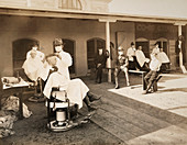 Open air barber shop during Spanish Flu pandemic