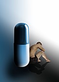 Person leaning against a pill, illustration