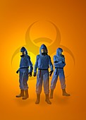Three figures in radiation suits, illustration