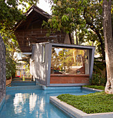 Exotic cubist architect-designed house next to pool