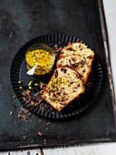 Banana and chocolate loaf cake with passion fruit sauce