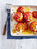 Tomatoes stuffed with goat's cheese and red lentils