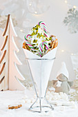 A bubble waffle with frozen yoghurt and pistachios for Christmas