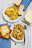 Chive scrambled egg and scrambled egg with shrimps and dill