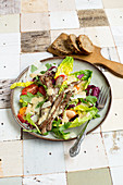 A colourful mixed leaf salad with fried beef strips
