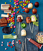 Chocolate marshmallow lollies, Smarties and sweets