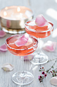 Pink champagne jelly with rose petals for Valentine's Day