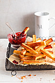 Sweet toast chips with a berry dip on a baking tray