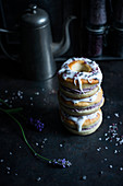 Vegan, oven-baked doughnuts with lavender cream and icing