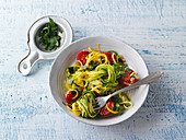 Vegan courgette pasta with purslane and pine nuts