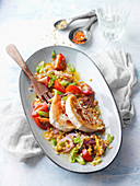 Red and yellow lentil salad with roasted goat's cheese