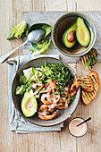 Prawn cocktail with avocado, zucchini and lettuce