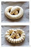 A stuffed yeast dough pretzel being shaped and scored