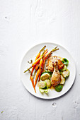 Quick roast chicken with thyme, honey and brussels sprouts