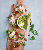 Bread with pea purée and smoked fish