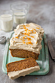 Pumpkin loaf with vanilla and orange cream cheese icing