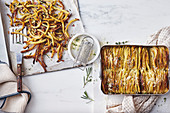 Crispy Garlic thyme Boulangere Potatoes; Potato, bacon and zucchini hash