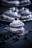 Vegan blueberry amaranth cakes filled with white rice milk and chocolate cream