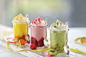 Tricolour rice pudding desserts - kiwi, raspberry, passion fruit (vegan)