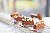Mocha chocolate cake slices with almond cream and chocolate chips on a wooden board (vegan)