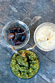 Two dips and a bowl of olives