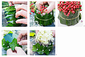 Instructions for making table decoration from red berries, hydrangea flowers, leaves and floral foam