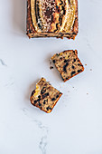 Banana bread with chocolate drops and sesame seeds