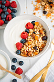 Homemade granola with fresh berries and Greek yoghurt