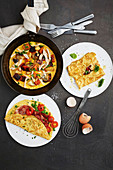 Cheesy ham omelette; Clear-out-the-fridge frittata; Pea omelette with crispy bacon and tomato