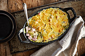 Smoked pork bake with leeks and potatoes