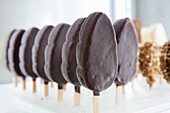 Rows of ice cream lollies with chocolate icing