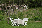 Gartentisch und weiße Stühle unterm blühenden Obstbaum