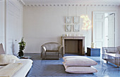 Herringbone parquet floor painted dove-grey in period building