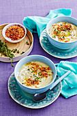 Colcannon soup with bacon crumbs