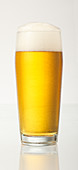A glass of beer against a white background