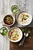 Turkish rice and lentil yoghurt soup with dukkah oil