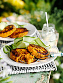 Carrot and coriander burgers with cucumber salad