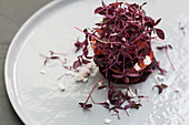 A beetroot tower with sprouts