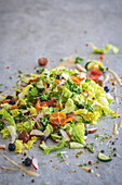 Blattsalat mit Senfsauce, Tomaten, Radieschen, Kräutern, Blaubeeeren, Gurke und Champignons